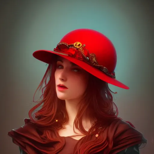 Image similar to a red hat, artstation, Grim fantasy,emotional, EOS R5, f/2.5 , illustration , concept art, award winning photograph, 8k, Alphonse Mucha style,