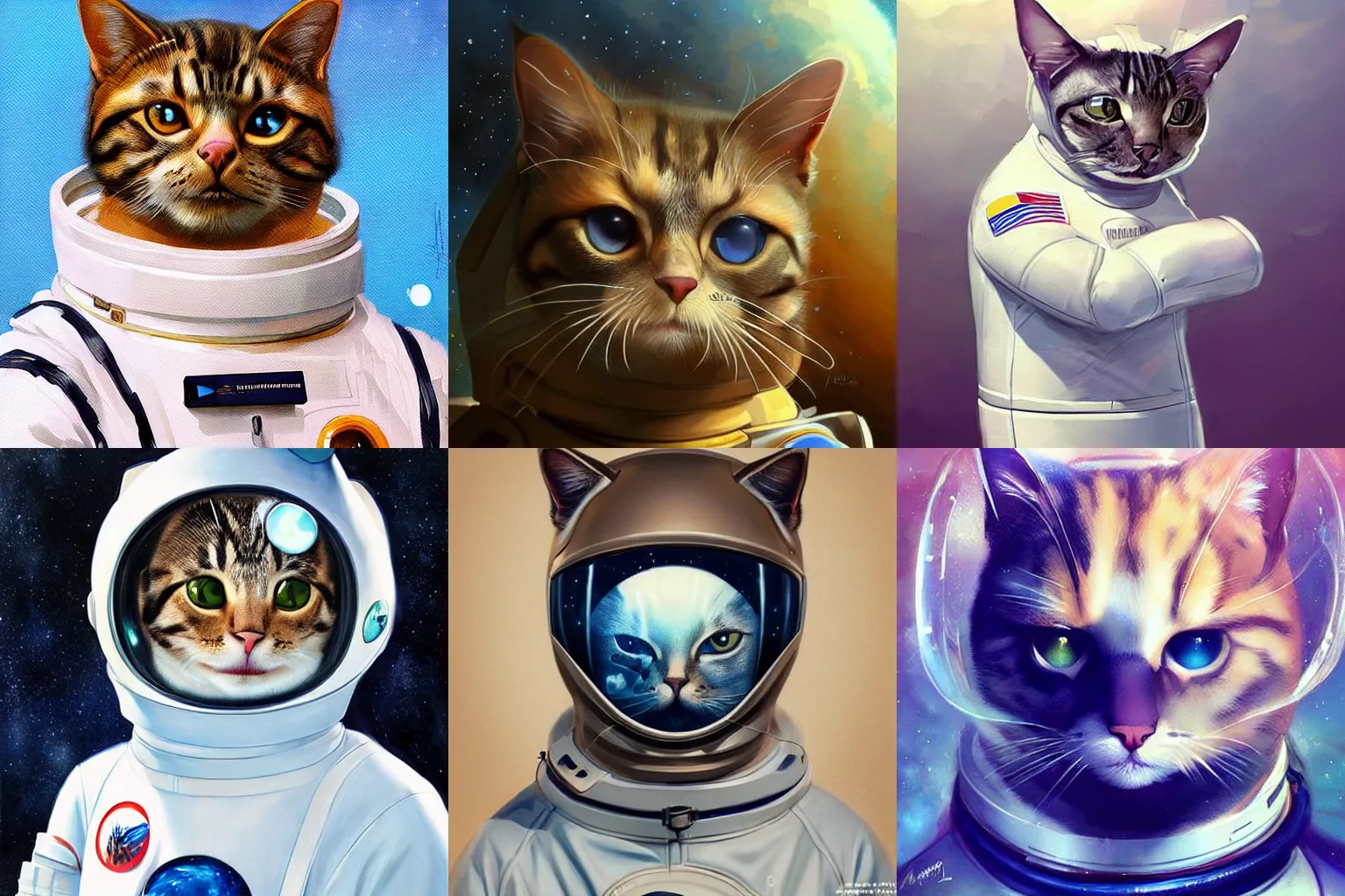 Image similar to head and shoulders masterpiece portrait of a cat wearing a spacesuit, surreal background, digital art by Krenz Cushart, trending on artstation, cgsociety,