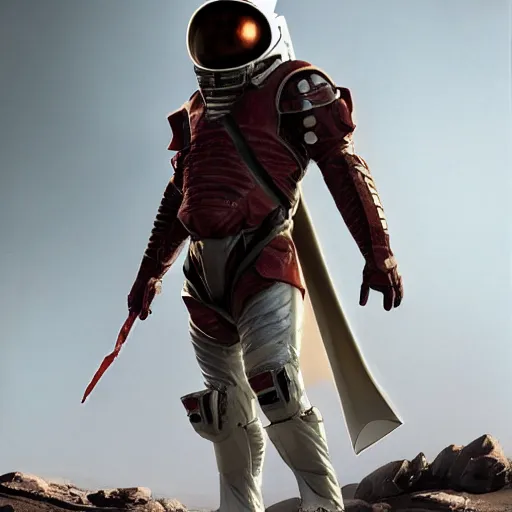 Prompt: a towering soldier with vertical nose slits, wearing blood - spattered glossy sleek white dinged scuffed armor and a long torn red cape, heroic posture, battle - weary, strained expression, determined expression, no helmet, on the surface of mars, dramatic lighting, cinematic, sci - fi, hyperrealistic, detailed