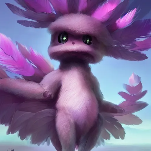 Prompt: a cute beautiful plant type pokemon with happy cute smile, purple feathers grow out of his hair, full body portrait, highly detailed digital art, 3 d perspective, award - winning illustration, aesthetic, smooth, pokemon style, made by greg rutkowski, with an alien landscape in the background