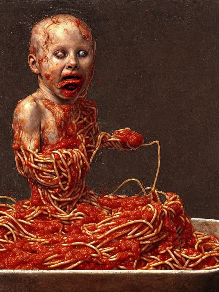 Image similar to a boy made of spaghetti sitting in a tub full of tomato sauce, looking straight into camera, screaming in desperation, by giuseppe arcimboldo and ambrosius benson, renaissance, intricate and intense oil paint, a touch of joseph cornell, beksinski and hr giger and edward munch, realistic