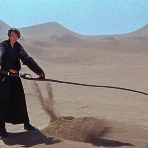 Image similar to anakin skywalker vacuuming the sand in tatooine