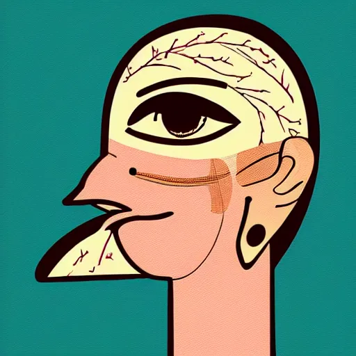 Prompt: A beautiful illustration of a human face with a bird's beak protruding from the forehead. by Genndy Tartakovsky graceful