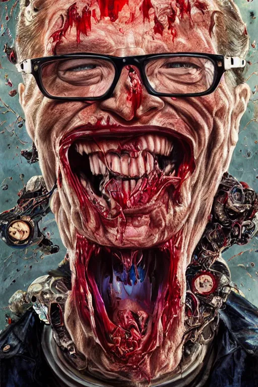 Prompt: uhd hyperrealistic photorealisitc hyperdetailed detailed larry king head exploding, skull exposed, puking blood, screaming, with sparking circuits, studio lighting, by ayami kojima amano karol bak, greg hildebrandt and mark brooks