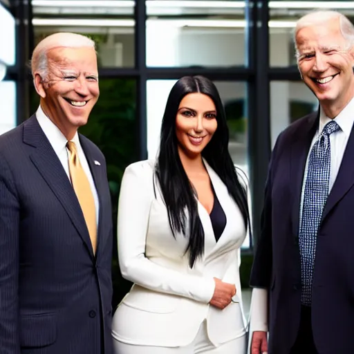 Image similar to stock photo of kim kardashian, joe biden, and bill gates wearing suits and ties laughing in an office building, 8k resolution, full HD, cinematic lighting, award winning, anatomically correct