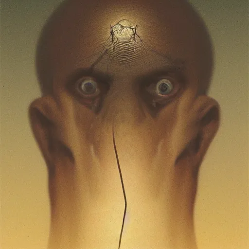 Prompt: a head with spider legs protruding outward from the back of the head, illustrated by zdzislaw beksinski, golden ratio, centered, trending on artstation, 4 k, 8 k, foreboding atmosphere, eerie self - portrait, cgsociety contest winner