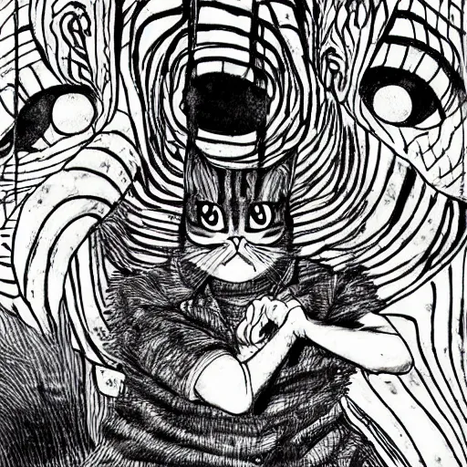 Image similar to a manga cat, anime, drawn by Junji Ito