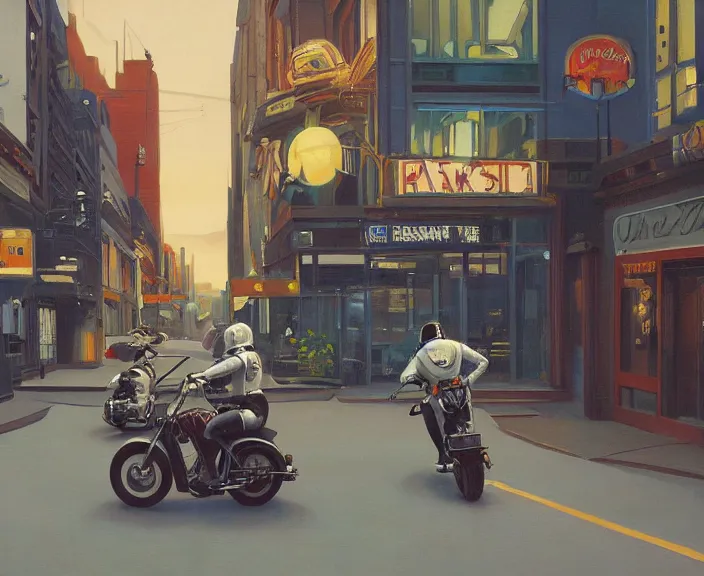 Image similar to a very detailed painting of a astronaut wearing a suit, riding a motorbike down a street, harley davidson motorbike, worm's - eye view, very fine brush strokes, very aesthetic, very futuristic, in the style of edward hopper and grant wood and syd mead, 4 k,