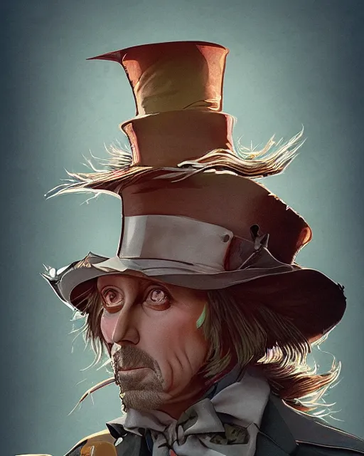 Image similar to tom petty as the mad hatter, contrast, kim jung gi, greg rutkowski, zabrocki, karlkka, jayison devadas, trending on artstation, 8 k, ultra wide angle, zenith view, pincushion lens effect