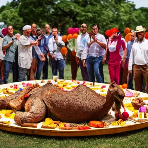 Prompt: wide shot of a whole roast camel served on a giant plate in front of a group of different sized clowns at a picnic