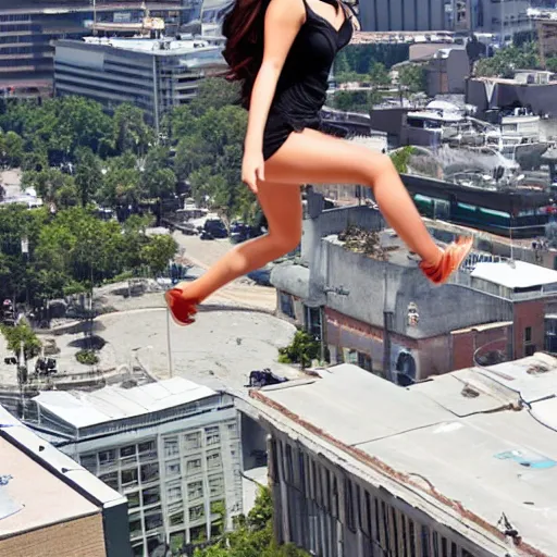 Prompt: Selena Gomez jumping off a building