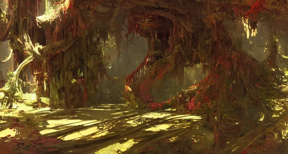 Image similar to treehouse interior hall, intricate, elegant, highly detailed, vivid colors, john harris, frazetta, tyrus wong, ruan jia, jeffrey catherine jones