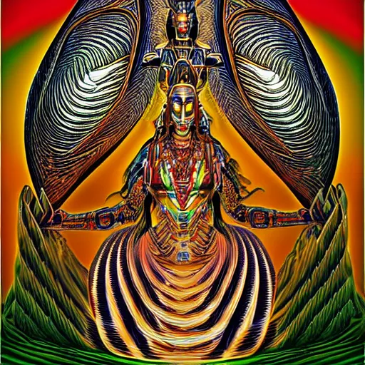Image similar to mayan shiva, symmetrical, digital art, alex gray