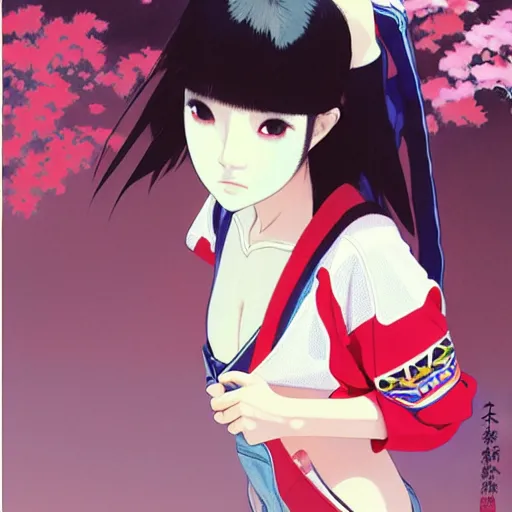 Image similar to a beautiful japanese natalie portman gravure model, wearing oversized native designer bomber jacket and leotard with overalls, bulky poofy bomber jacket with mesoamerican patterns, mesoamerican native street fashion, gapmoe yandere grimdark, trending on pixiv fanbox, painted by greg rutkowski makoto shinkai takashi takeuchi studio ghibli, akihiko yoshida