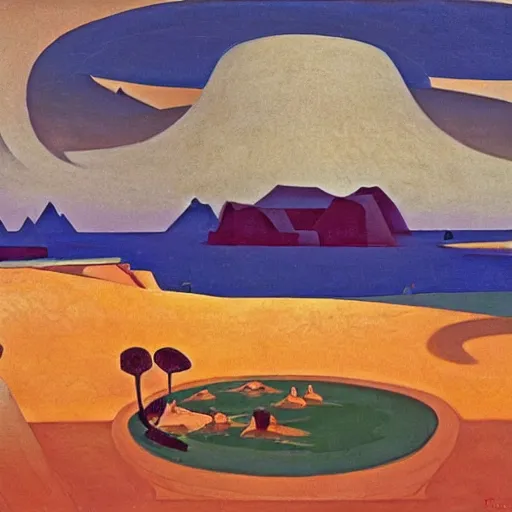 Prompt: a oil painting of a harem pool in a desertic landscape surrounded by mountain, stylised storm, by nicholas roerich, by frank frazetta by georgia o keeffe by frederick william elwell, by hans emmenegger, by eyvind earle highly detailed, realistic, outline, line work, fantasy, oriental, stylised flat colors, animation