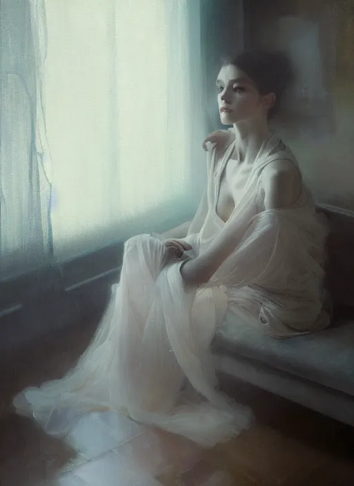 Prompt: a portrait of beautiful woman, inside a modern apartment, detailed oil painting, misty, ethereal, soft lighting, 8 k, by jeremy mann and ruan jia and alphonse mucha