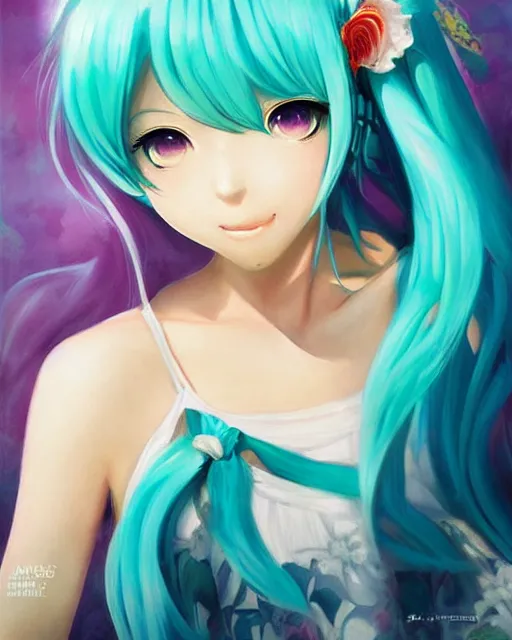 Prompt: A very beautiful painting of Hatsune Miku by rossdraws, wlop, artgerm, Gil Elvgren, Ilya kuvshinov