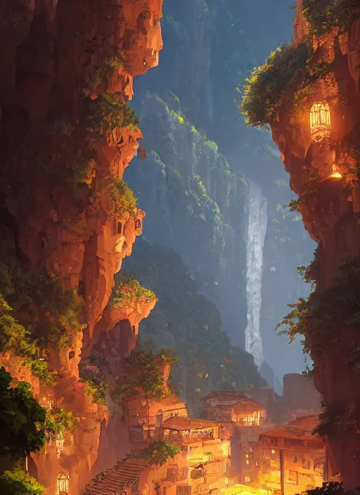 Image similar to medieval city built on terraces in a gigantic canyon, lots of buildings connected by hanging bridges, waterfalls, glow coming from amber veins in the ground, lush vegetation, pitchblack sky, extremly detailed digital painting, in the style makoto shinkai and atey ghailan, rim light, beautiful lighting, 8 k, stunning scene, raytracing, octane, trending on artstation