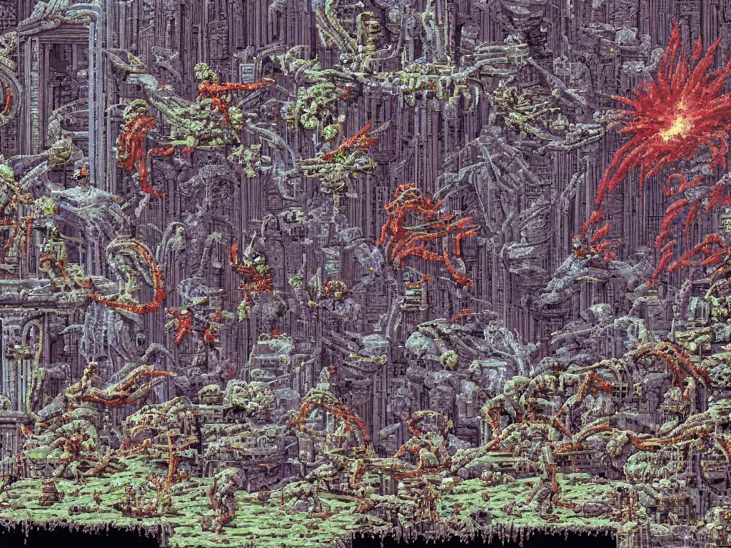 Image similar to Sega Mega Drive Genesis sidescroller game by H.R. Giger, Todd McFarlane, Zdzislaw Beksinski, pixelated