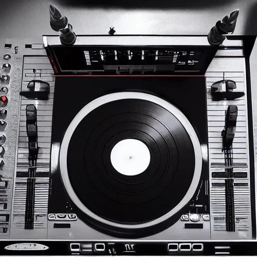 Image similar to a dj turntable in the style of HR giger. photo realistic. SL-1200