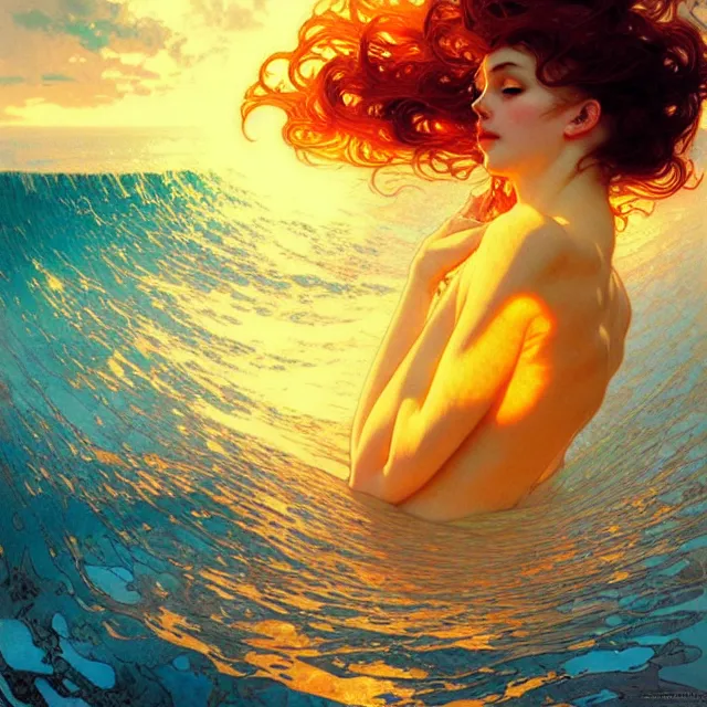 Image similar to mind bending ocean waves of glossy liquid honey drops flowing like psychedelic translucent amber, lsd waves, lsd ripples, backlit, sunset, refracted lighting, art by collier, albert aublet, krenz cushart, artem demura, alphonse mucha