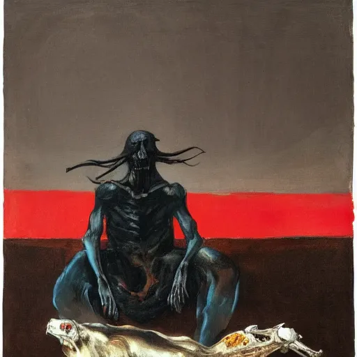 Prompt: A dark figure seated next to a large animal carcass with big ribcage next to the sea by Francisco Goya and Francis Bacon, vibrant red background, mythological painting, oil painting, triadic color scheme, very coherent, Beksinski painting