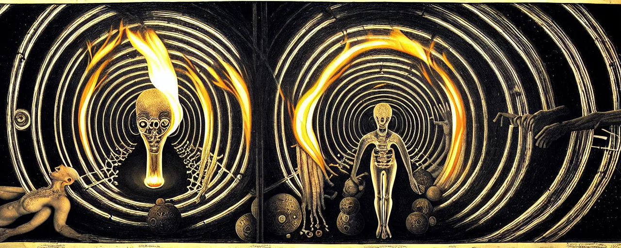 Prompt: epic tunnel, ego - self axis lit by fire torches, with a strange creature with endearing eyes reverberating a unique canto'as above so below'while being ignited by the spirit of haeckel and robert fludd, glory to soul, in honor of saturn, painted by ronny khalil