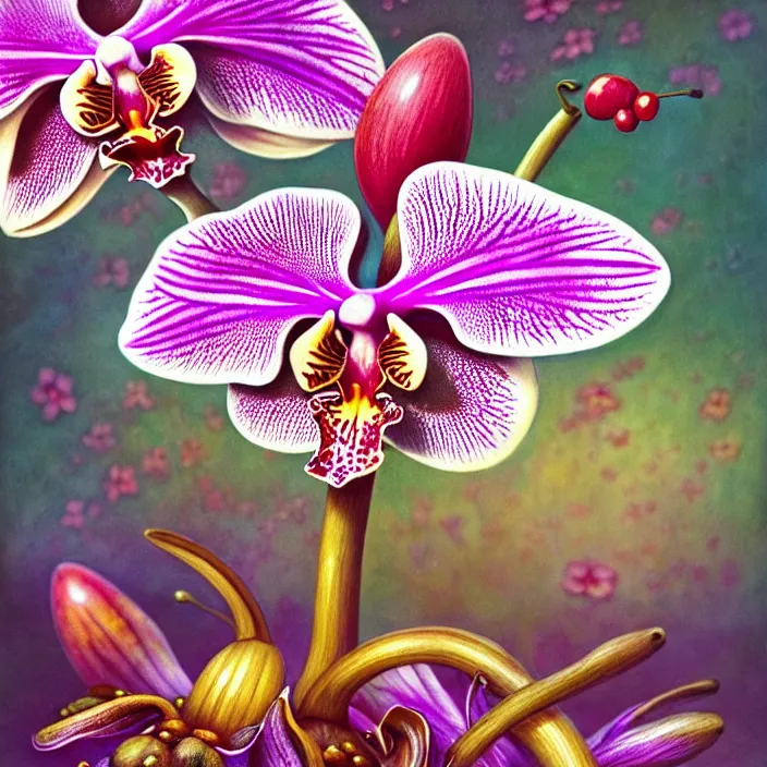 Image similar to extremely psychedelic macro orchid and cherry blossom and musroom, DoF, LSD, diffuse lighting, fantasy, intricate, elegant, highly detailed, lifelike, photorealistic, digital painting, artstation, illustration, concept art, smooth, sharp focus, art by John Collier and Albert Aublet and Krenz Cushart and Artem Demura and Alphonse Mucha