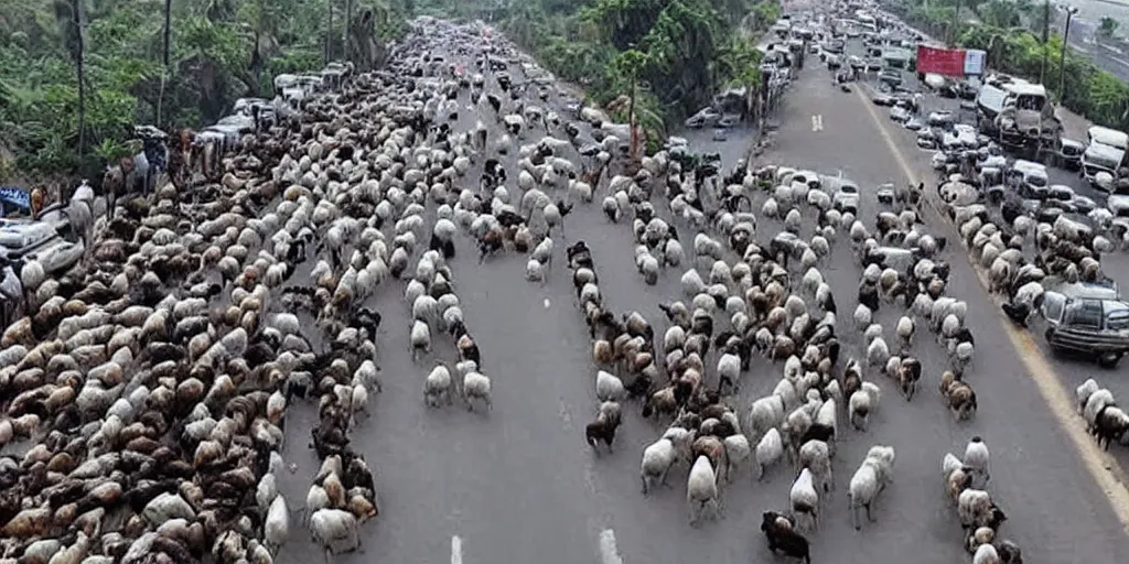 Image similar to traffic in India caused by cows in the middle of the road