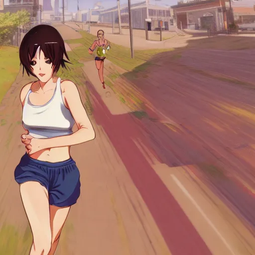 Prompt: anime style, gta 5, girl is running, red sport clothing, marathon race, brown short hair, hair down, symmetrical facial features, from arknights, hyper realistic, rule of thirds, extreme detail, detailed 4 k drawing, safebooru, realistic lighting, by alphonse mucha, greg rutkowski, noise filtered, sharp focus, backlit