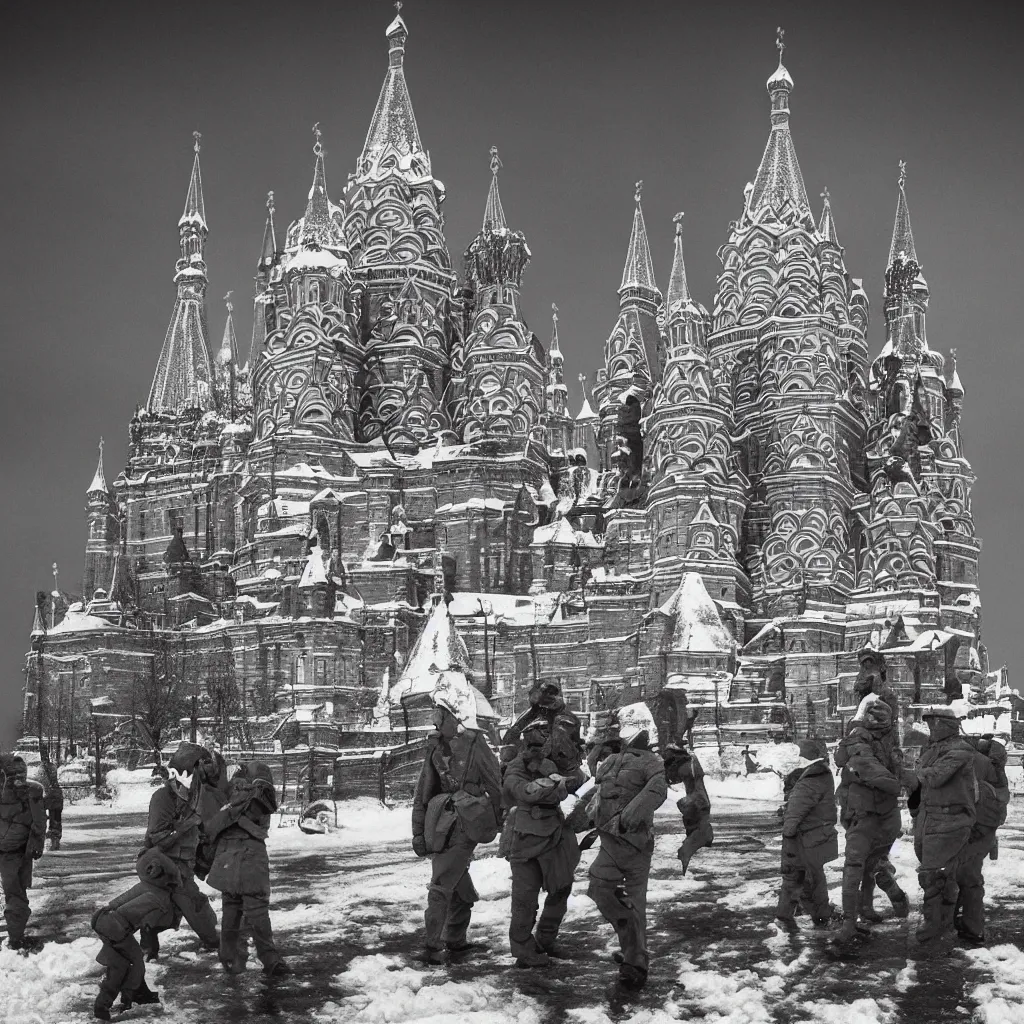 Image similar to minions serving under stalin, with a background of the kremlin in snow, sepia tone picture