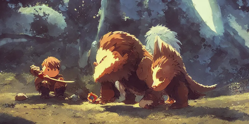 Image similar to a dwarf and his small pet dragon drinking a beer together | sharp contrast | by greg rutkowski makoto shinkai takashi takeuchi studio ghibli