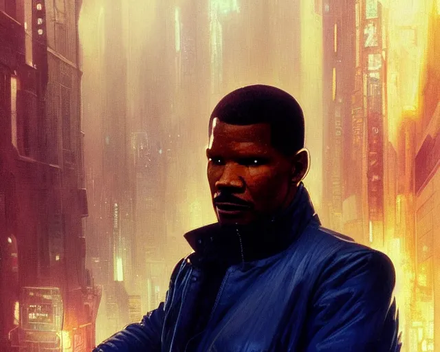 Image similar to 2 0 1 8 blade runner movie still jamie foxx look at the cityscape from roof perfect face fine realistic face pretty face reflective polymer suit tight neon puffy jacket blue futuristic sci - fi elegant by denis villeneuve tom anders zorn hans dragan bibin thoma greg rutkowski ismail inceoglu illustrated sand storm alphonse mucha
