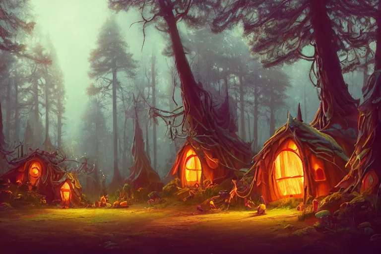 Prompt: detailed painting of fairy huts in the moosy forest clearing, in the style of peter mohrbacher, james jean, artgerm, dramatic lighting and composition, surreal background, octane render, pixar, trending on artstation, concept art, comic book, 8 k