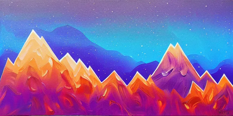 Image similar to a beautiful abstract acrylic painting of geometric mountain tops on a lake made of nebula by viktoria lapteva