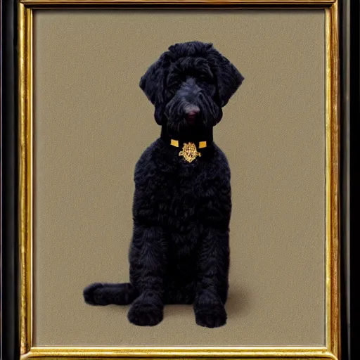 Image similar to Black Goldendoodle with a bright face wearing a Napoleon Era Military Uniform looking melancholy, Norman Rockwell style