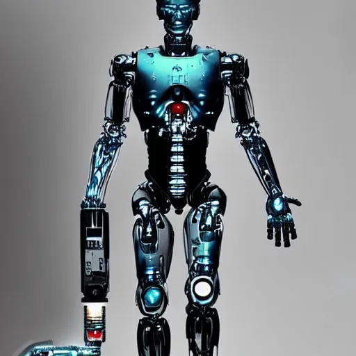 Image similar to “a realistic detailed photo of a guy who is the terminator robot, a cyborg consisting of living tissue over a robotic endoskeleton, who is a male android, Ethan Dolan, posing like a statue, blank stare”