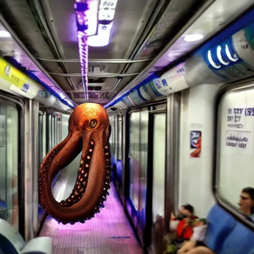 Image similar to of a giant octopus invading a interior of a subway train in new york,