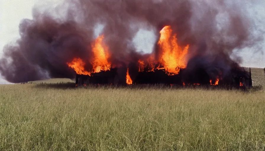 Image similar to 1 9 7 0 s movie still of a burning northern french house in a field, cinestill 8 0 0 t 3 5 mm, high quality, heavy grain, high detail, texture, dramatic light, ultra wide lens, panoramic anamorphic, hyperrealistic