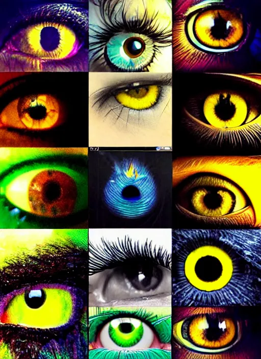 Image similar to grid montage of cube shaped eyes, square shaped black dilated pupils, cube shaped irises, detailed colored textures, eyelashes, advanced art, art styles mix, from wikipedia, wet reflections in square eyes, sunshine light, hd macro photograph, from side, various eyelid positions, square black pupil centered