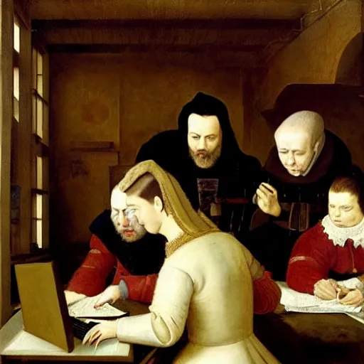 Image similar to a painting of a medieval era group of people looking at a computer in the style of diego velazquez