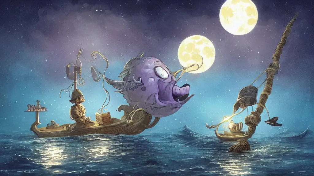 Image similar to a giant!!!!! anglerfish!!!!! at the surface of the water meets a sailor with a lantern!!!! on a sloop, background with large full moon and purple sky, in the styles of tom coletti, jorge jacinto, and thomas veyrat intricate, accurate details