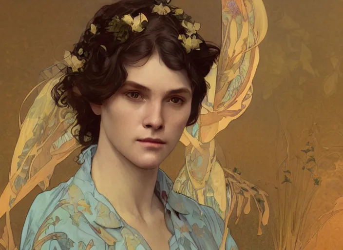 Image similar to Claire Elizabeth Cottrill wearing vintage hawaiian rayon shirt, rule of thirds, accurately portrayed, portrait art by alphonse mucha and greg rutkowski, highly detailed, digital painting, concept art, illustration, ethereal lighting with twilight rays of sunlight, trending on artstation, very detailed, smooth, sharp focus, octane render, close up