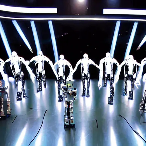 Prompt: Robots got talent, a robot talent show on the stage this week infront of simon Cowell. Robot performing an interesting talent. click here to see more.