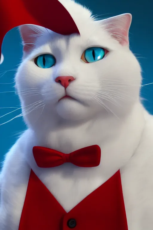 Image similar to a white cat with blue eyes wearing a red formal overcoat, hyperrealistic, concept art, octane render, unreal engine 5, realistic and defined face, profile picture, digital art, pixar and disney style, symmetrical, high quality, highly detailed, high coherence, path traced, house background, low contrast, beautiful, elegant clothes