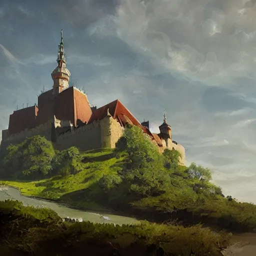 Image similar to greg rutkowski painting of an island floating in the air above a barren wasteland, there is no connection between the island and the ground, on the island there is a cracow wawel castle and a lot of green vegetation, beautiful, detailed