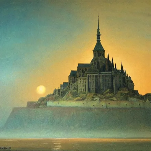Image similar to beksinski painting of mont saint - michel
