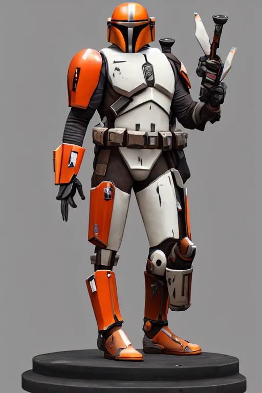 Image similar to mandalorian overwatch style statue made of white and orange marble standing, 3 d render, octane render, unreal engine, overwatch, detailed, dynamic light, beautiful, rococo, accents of red