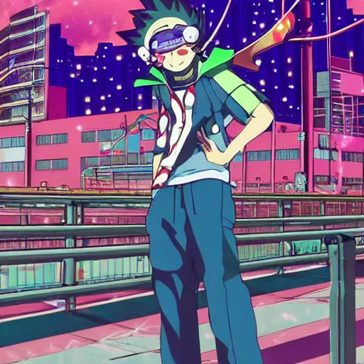 Image similar to anime boy with eccentric clothes, long spiky hair, cel - shading, 2 0 0 1 anime, flcl, jet set radio future, night, night time, entertainment district, japanese city at night, lines of lights, christmas lights, rollerskaters, cel - shaded, jsrf, strong shadows, vivid hues, y 2 k aesthetic