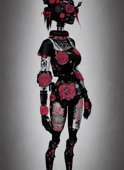 Image similar to full body portrait of a gothic style punk geisha robot with kanji tattoos and decals wearing a digital pixelated kimono, intricate design, photo - realistic, octane render, dark colour palette, ultra fine detailed, character design, trending on artstation